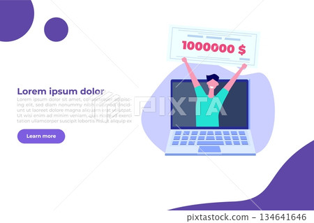 Character holding money prize, bank check for a million dollars. Winning lottery ticket. Vector illustration in flat design. Character holding money prize, bank check for a million dollars. Winning lottery ticket. Vector illustration in flat design. 134641646