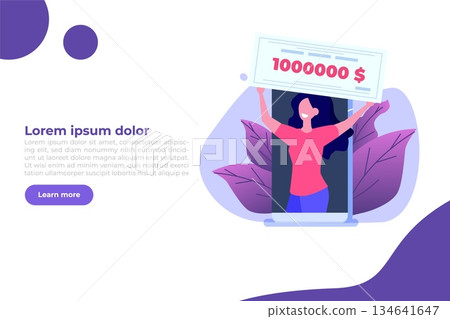 Character holding money prize, bank check for a million dollars. Winning lottery ticket. Vector illustration in flat design. Character holding money prize, bank check for a million dollars. Winning lottery ticket. Vector illustration in flat design. 134641647
