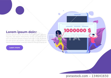 Character holding money prize, bank check for a million dollars. Winning lottery ticket. Vector illustration in flat design. Character holding money prize, bank check for a million dollars. Winning lottery ticket. Vector illustration in flat design. 134641650