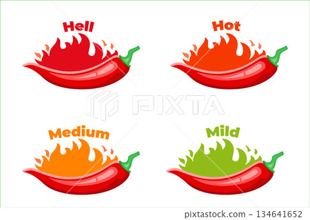 Hot, Chilli pepper  level  labels, burning red peppers sauce package icon. Vector illustration. 134641652