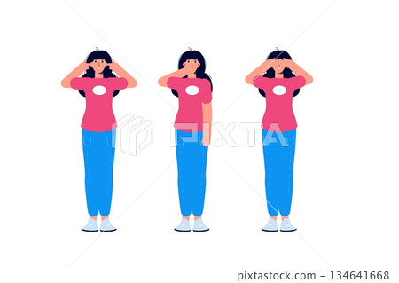 Ignore or avoid concept wiht characters. Hear no evil,  see no evil and speak no evil. Vector illustration. 134641668
