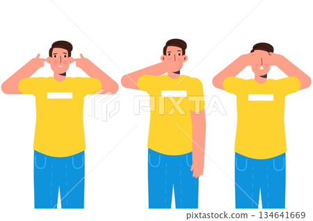 Ignore or avoid concept wiht characters. Hear no evil,  see no evil and speak no evil. Vector illustration. 134641669