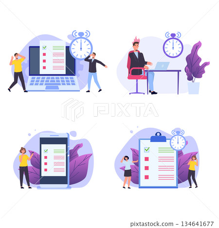 Inefficient time management concept. People unable to organize their tasks. Set of deadline scenes. Vector isolated illustration Inefficient time management concept. People unable to organize their tasks. Set of deadline scenes. Vector isolated illustration 134641677
