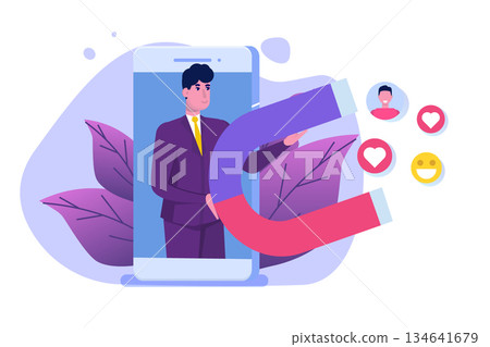 Influencer  digital marketing concept,  engaging with followers, social campaign. Vector illustration. 134641679