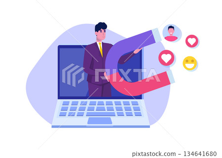 Influencer  digital marketing concept,  engaging with followers, social campaign. Vector illustration. 134641680