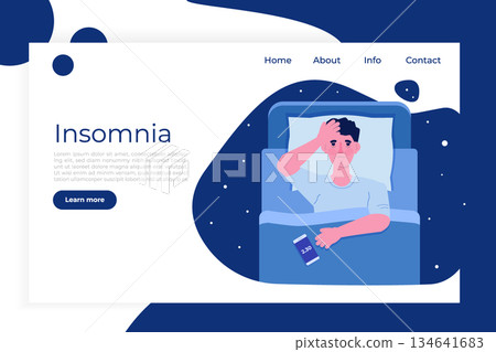 Man with exhausting insomnia, sleep problems. Man try to sleep on bed. Web page template Vector illustration. 134641683