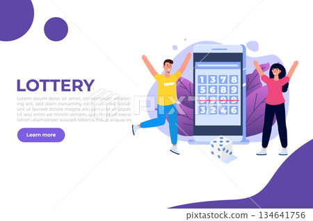Flat lottery or Bingo, Gambling business concept. Tiny winer persons. Vector illustration. 134641756