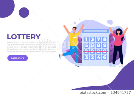 Flat lottery or Bingo, Gambling business concept. Tiny winer persons. Vector illustration. 134641757