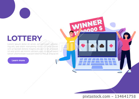 Flat lottery or Bingo, Gambling business concept. Tiny winer persons. Vector illustration. 134641758