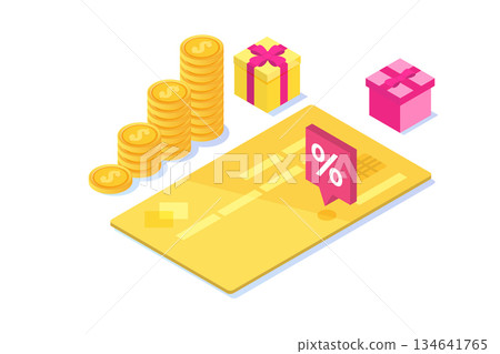 Discount, Loyalty card program and customer service. Vector isometric illustration. Discount, Loyalty card program and customer service. Vector isometric illustration. 134641765