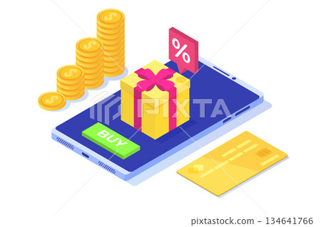 Discount, Loyalty card program and customer service. Vector isometric illustration. 134641766