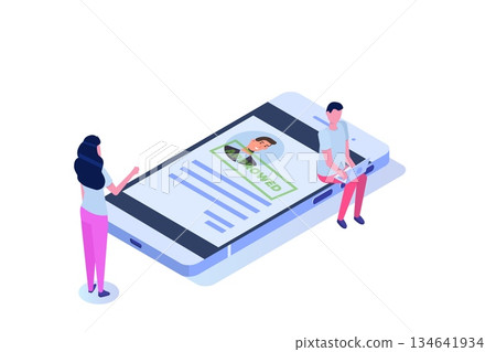 Online CV, Hiring, select resume process concept. Company hr managers hiring a employee online.  Vector illustration 134641934