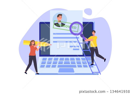 Online CV, Hiring, select resume process concept. Company hr managers hiring a employee online. Vector illustration Online CV, Hiring, select resume process concept. Company hr managers hiring a employee online. Vector illustration 134641938