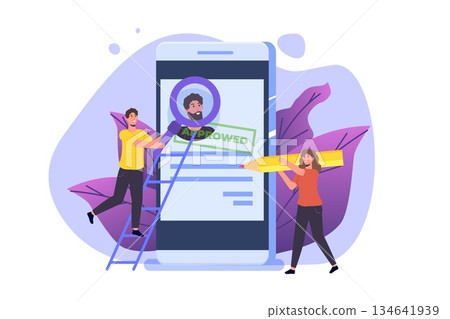 Online CV, Hiring, select resume process concept. Company hr managers hiring a employee online. Vector illustration Online CV, Hiring, select resume process concept. Company hr managers hiring a employee online. Vector illustration 134641939