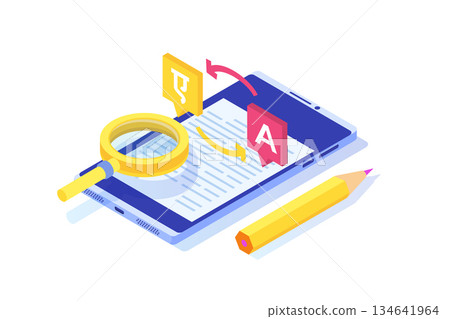 Online multi language translator app. Multilingual communication isometric concept. Vector illustration. Online multi language translator app. Multilingual communication isometric concept. Vector illustration. 134641964