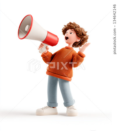 A 3D cartoon boy with a megaphone makes a lively announcement, standing on a white background. 134642146