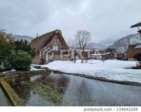 The view of landscape shirakawago river in winter 134642289