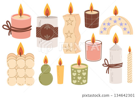Flat lay candle set. Illustration of cozy decorative lighting elements, hand-drawn Flat lay candle set. Illustration of cozy decorative lighting elements, hand-drawn 134642301