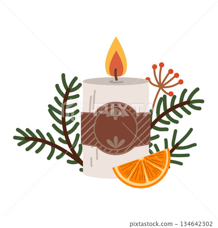 Flat festive candle decorated with fir branches. New Year's and Christmas illustration. Flat festive candle decorated with fir branches. New Year's and Christmas illustration. 134642302