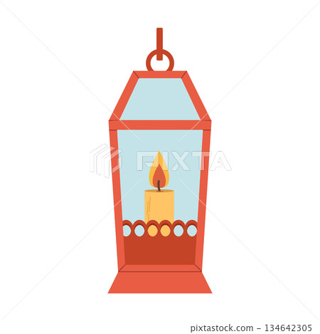 Red festive lantern with a candle. Flat style illustration. 134642305