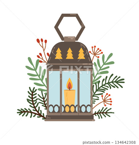 Festive lantern with a candle decorated with a spruce branch and berries. Flat style New Year's and Christmas illustration. 134642308