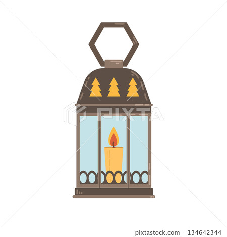 Decorative holiday lantern with candle. Flat style illustration of a lighting element. 134642344