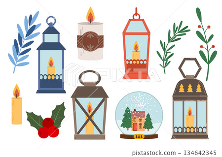 Set of decorative holiday lanterns with candles. Flat-style illustration of a lighting element for home decor. 134642345