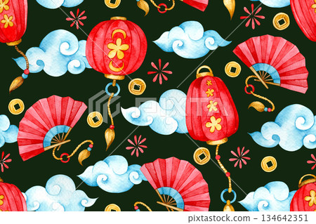 seamless pattern with a Chinese New Year theme. watercolor print with red lanterns and fans on dark background. 134642351