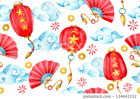 seamless pattern with a Chinese New Year theme. watercolor print with red lanterns and fans. seamless pattern with a Chinese New Year theme. watercolor print with red lanterns and fans. 134642352