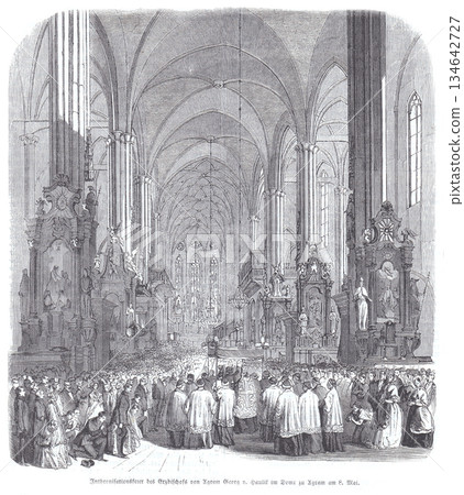 Solemn Mass Inside Grand Cathedral: Clergy Procession, Worshipers, and Reverent Ceremony in Historic Interior 134642727
