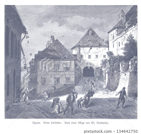 Historic Zagreb Street Scene at Kamenska Gate, 1876: Cobblestone Lane, Archway, and Townspeople in a Bustling Medieval European Quarter Historic Zagreb Street Scene at Kamenska Gate, 1876: Cobblestone Lane, Archway, and Townspeople in a Bustling Medieval European Quarter 134642750
