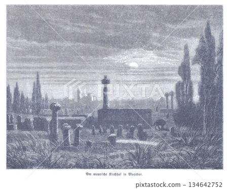 Moorish Cemetery of Mogador at Sunset: Stone Pillars, Tombs, and Silent Skyline 134642752