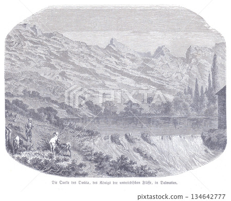 Dalmatian Landscape With River Source, Mountains, And Rural Figures By The Shore Dalmatian Landscape With River Source, Mountains, And Rural Figures By The Shore 134642777