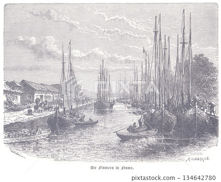 Harbor Of Rijeka With Tall-Sailed Ships And Docked Vessels In A Historic Waterfront Scene Harbor Of Rijeka With Tall-Sailed Ships And Docked Vessels In A Historic Waterfront Scene 134642780