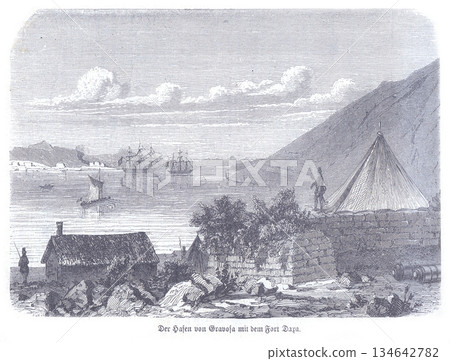 Harbor Scene With Fort, Tent, and Sailing Ships at Gravosa Harbor by the Rocky Shore 134642782