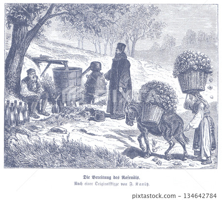 The Preparation Of Rose Oil: Rural Scene With Baskets Of Roses, A Press, And Carriage The Preparation Of Rose Oil: Rural Scene With Baskets Of Roses, A Press, And Carriage 134642784