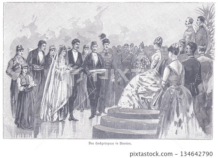 Historic Sarajevo Wedding Ceremony in 1888: Royal Couple, Courtiers, and Attendants Gathered for a Momentous Bosnian Nuptials Scene 134642790