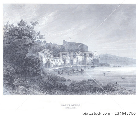 Castelnovo in Dalmatia: Historic Coastal Fortress Town by the Sea Captured in a Monochrome Panorama 134642796