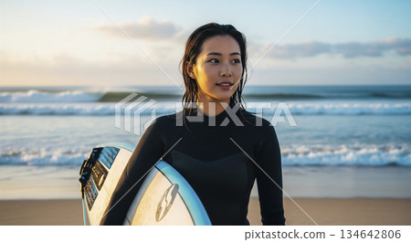 一個女人與衝浪板 一個女人與衝浪板 134642806