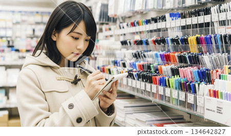 一位女士在文具店試用鋼筆 134642827