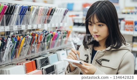 一位女士在文具店試用鋼筆 134642828