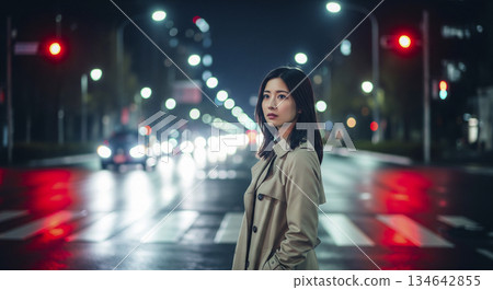夜間，一名女子在人行道上等計程車。 134642855