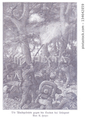 Forest Battle Scene With Rifle-Wielding Soldiers Engaged in Dense Woods During Conflict 134642859