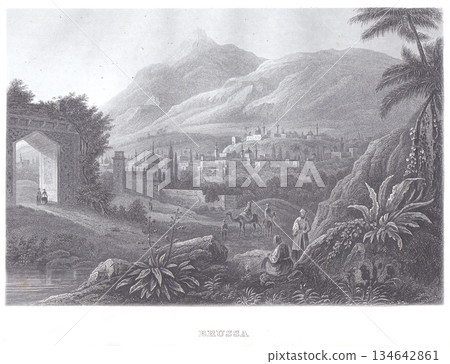Old Engraving Of Brussa Cityscape With Mountain Backdrop And Pastoral Figures 134642861