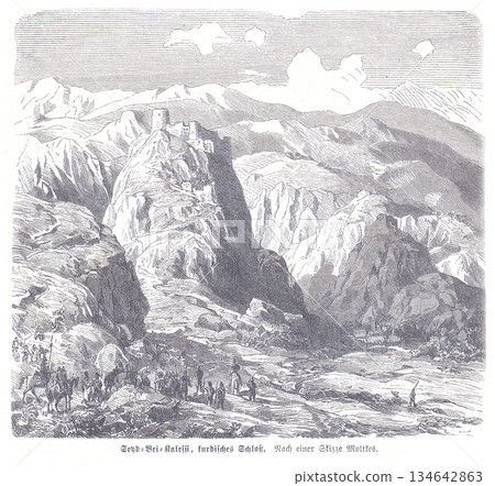 Medieval Fortress Clinging To a Cliff Amid Rugged Mountains and A Busy Valley Scene 134642863