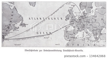 Historic Map of Germany–America Atlantic Ocean Link Routes and Transatlantic Shipping Lanes, 1900s Historic Map of Germany–America Atlantic Ocean Link Routes and Transatlantic Shipping Lanes, 1900s 134642868