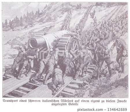 Historic War Scene of Soldiers Transporting a Heavy Italian Mortar on a Special Rail Track Through Snowy Mountains Historic War Scene of Soldiers Transporting a Heavy Italian Mortar on a Special Rail Track Through Snowy Mountains 134642889