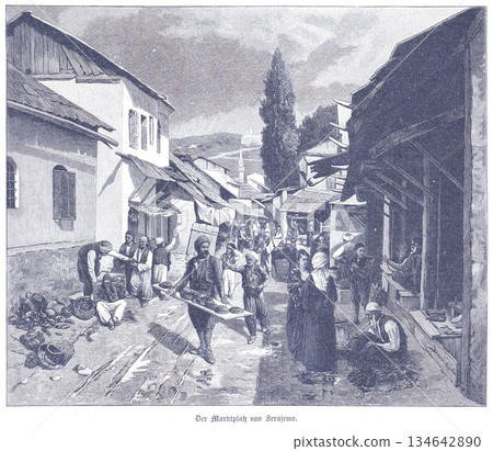 Historic Sarajevo Market Scene With Vendors, Shoppers And Narrow Street in Vintage Illustration Historic Sarajevo Market Scene With Vendors, Shoppers And Narrow Street in Vintage Illustration 134642890