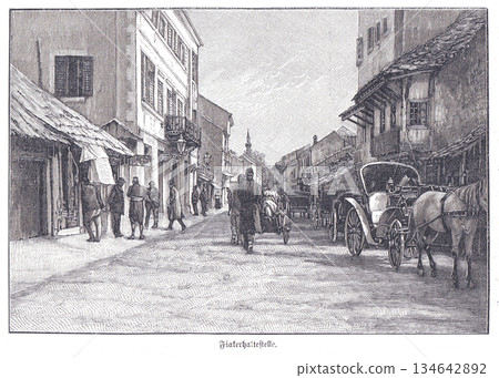 Old Street Scene in Mostar With Horse-Drawn Carriages and People Along Historic Buildings Old Street Scene in Mostar With Horse-Drawn Carriages and People Along Historic Buildings 134642892