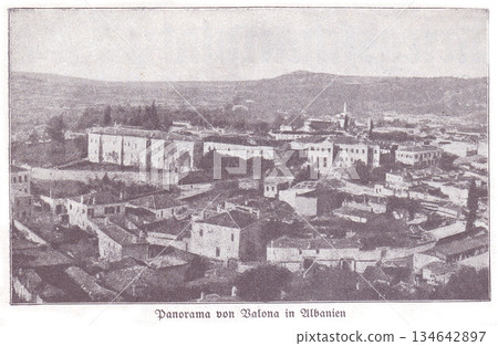 Panorama of Valona in Albania: Historic Coastal Town With Hills, Buildings, and Mediterranean Charm Panorama of Valona in Albania: Historic Coastal Town With Hills, Buildings, and Mediterranean Charm 134642897